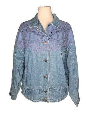 Vintage Together Denim Jacket Purple Lace Embroidered Blue Jean Coat